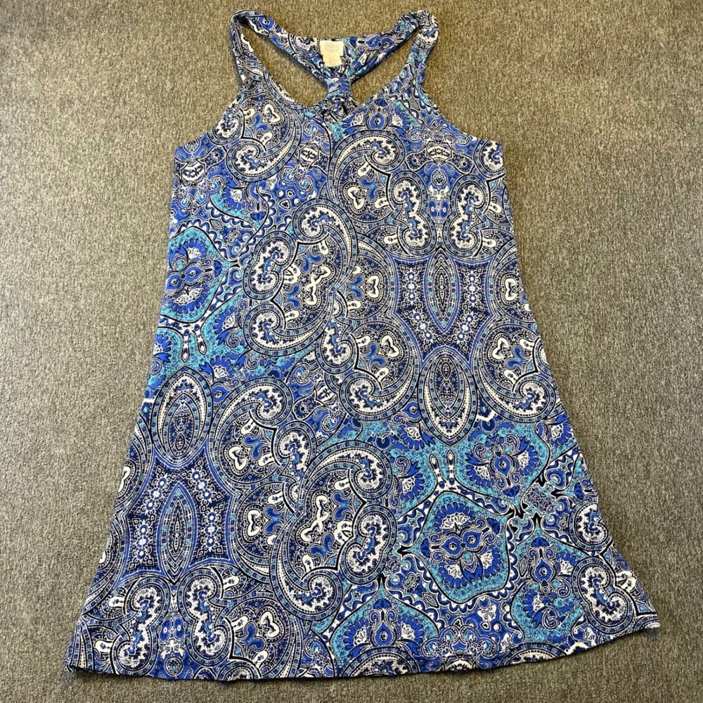 Sigrid Olsen Paisley Print Dress Sleeveless Casual Blue White Vacation Beach L